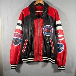 Vintage 90's Michael Hoban USA Football Red Black Leather Jacket Streetwear XL